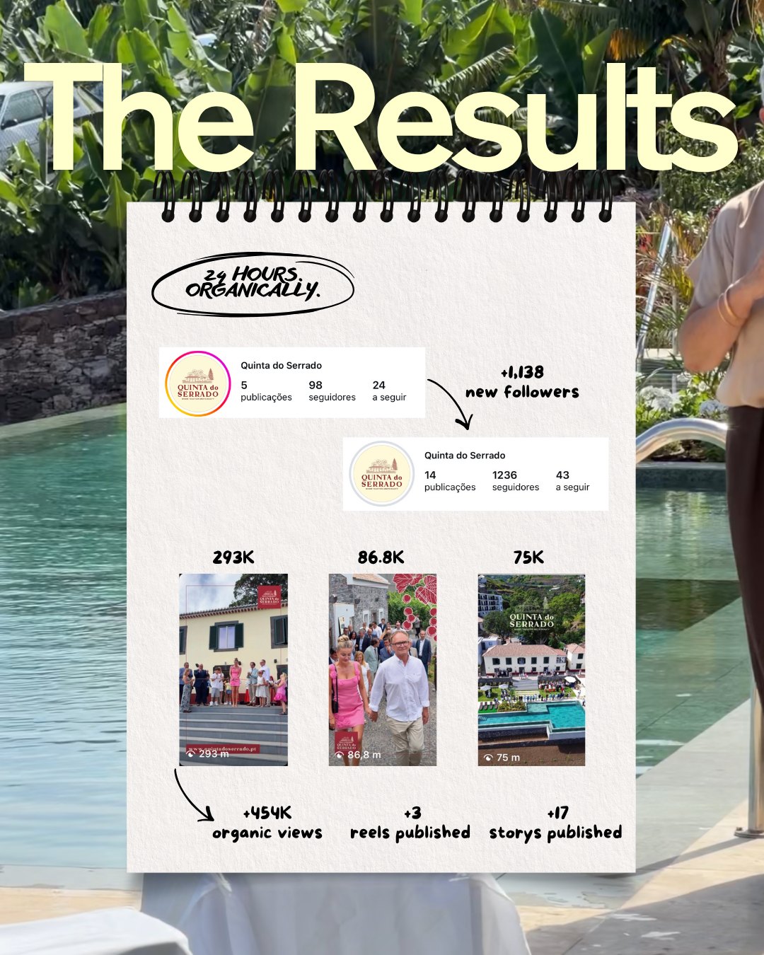 Print dos resultados: a Quinta do Serrado passou de 98 para 1236 seguidores em 24 horas, com 454 mil visualizações orgânicas